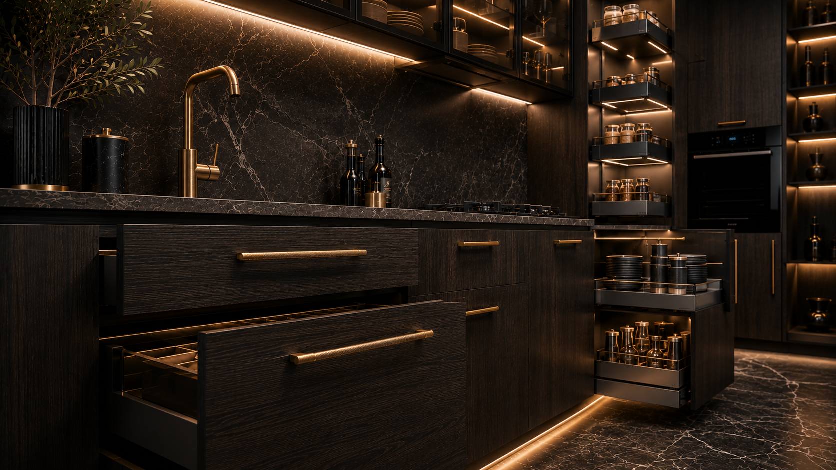 Premium kitchen hardware with drawer systems, pull-out storage, handles and integrated lighting